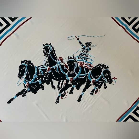 Vintage Chariot Scene Crepe Silk Scarf | Cohama | Charioteer Warrior | 33”x38.5” - Picture 4 of 17